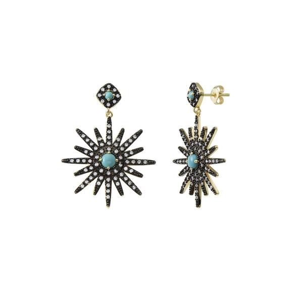 14k Yellow Gold Plated Turquoise Swarovski Crystal Starburst Dangle Earrings - Picture 2 of 8